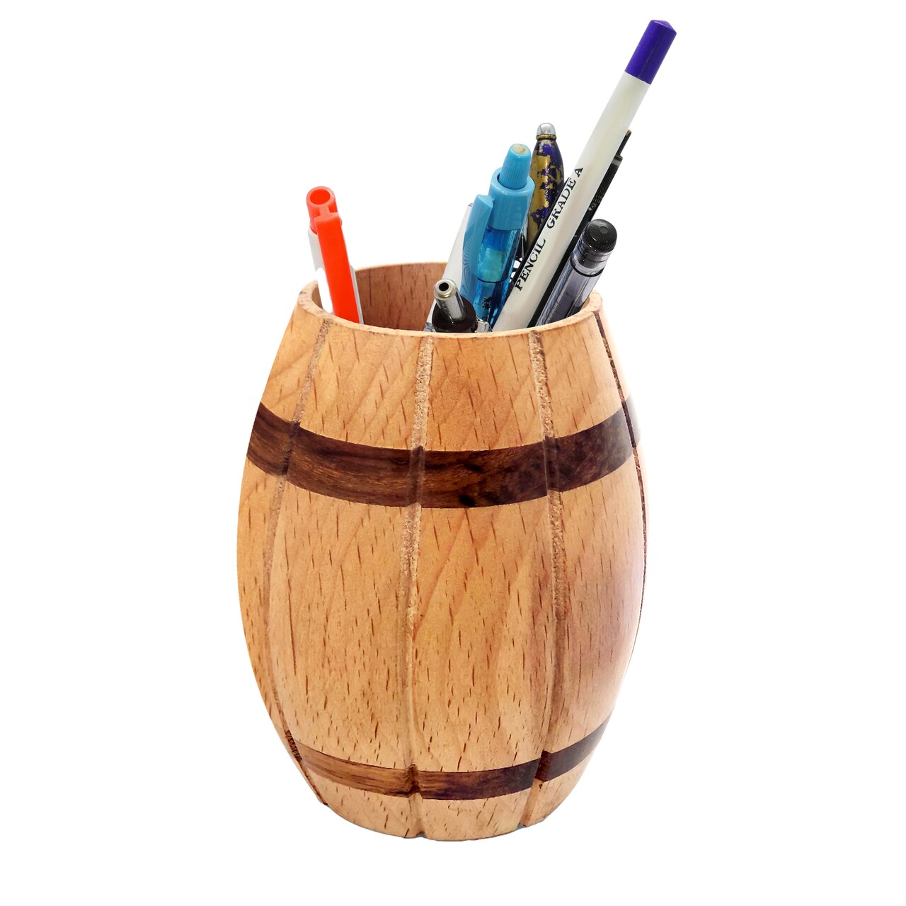 Decorative Wine Barrel Shaped Wooden Pen Holder for Office Desk, or Entryway